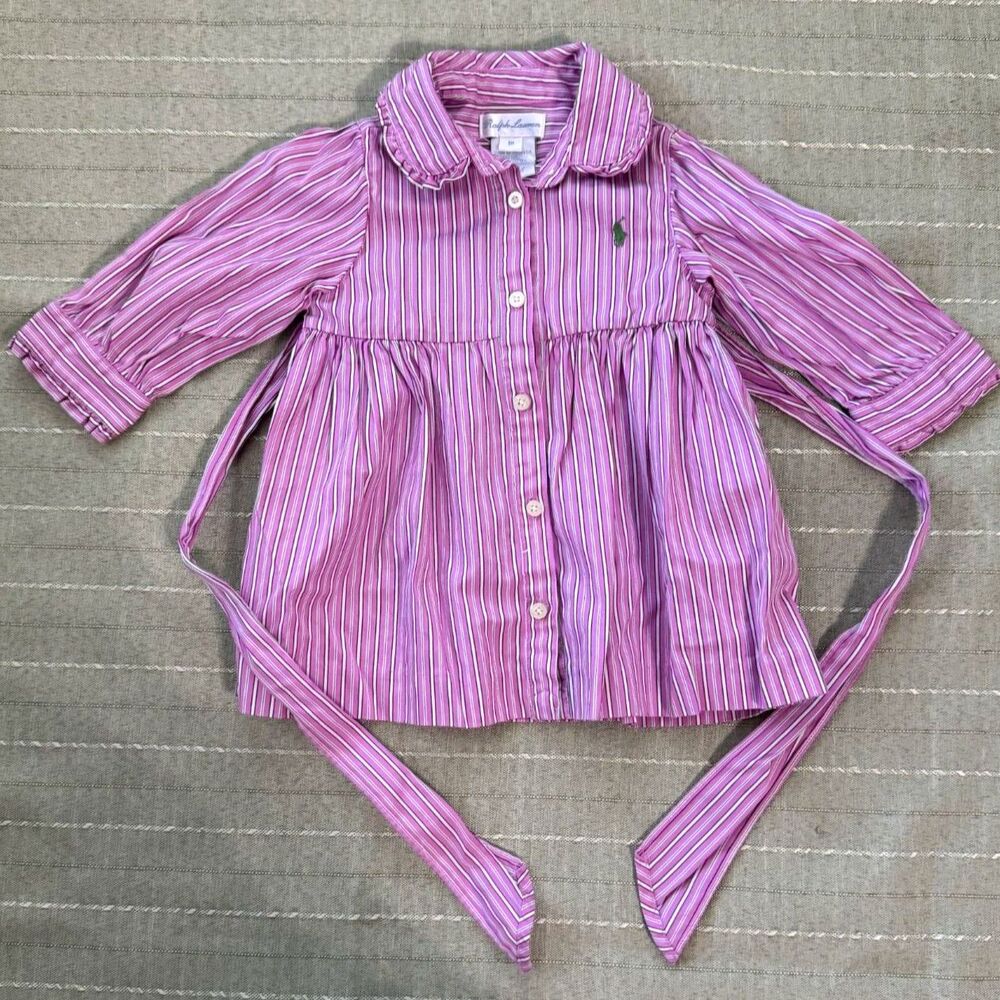 Ralph Lauren Girls Baby Pink Striped Button Up Long Sleeve Dress 9M